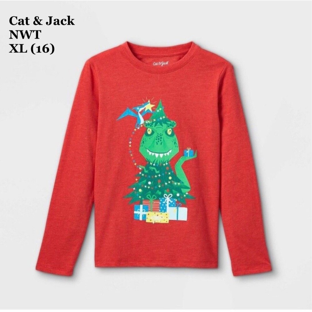 Boys' Christmas Dinosaur Tree Graphic T-Shirt Size XL (16) Red Long Sleeve‎ Tee